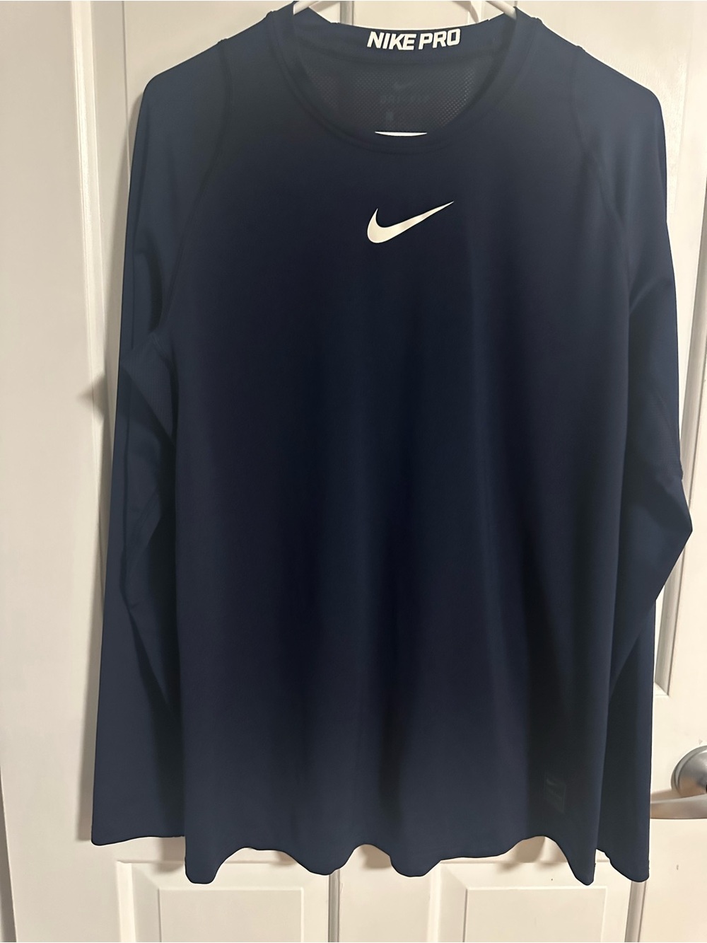 Nike Pro Navy Long Sleeve Performance Top with White Swoosh